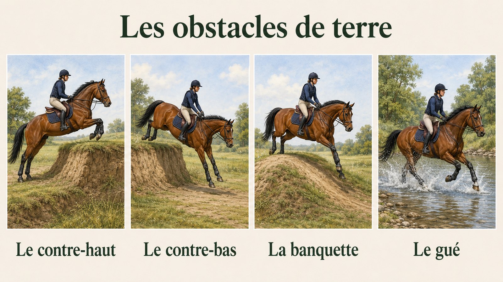 Les obstacles de terre du cross : le contre-haut, le contre-bas, la banquette et le gué
