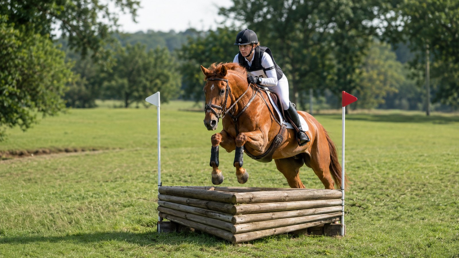Cheval alezan franchissant un obstacle de rondins massif sur un parcours de cross