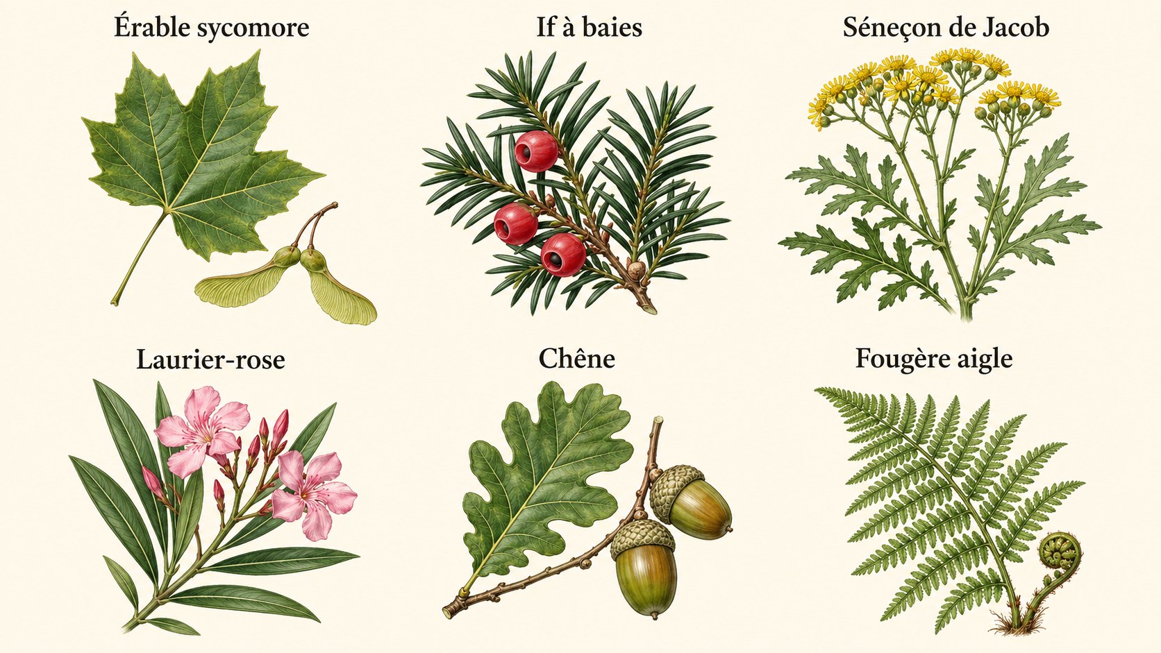 Planche botanique légendée des six plantes toxiques pour le cheval : érable sycomore, if à baies, séneçon de Jacob, laurier-rose, chêne, fougère aigle