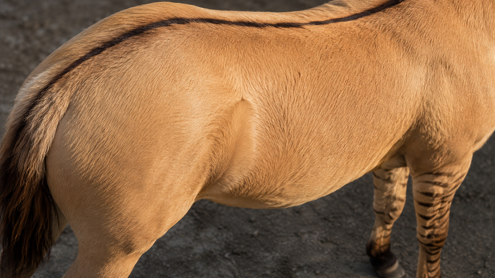 Raie de mulet noire et zébrures sur les membres d'un poney Highland isabelle