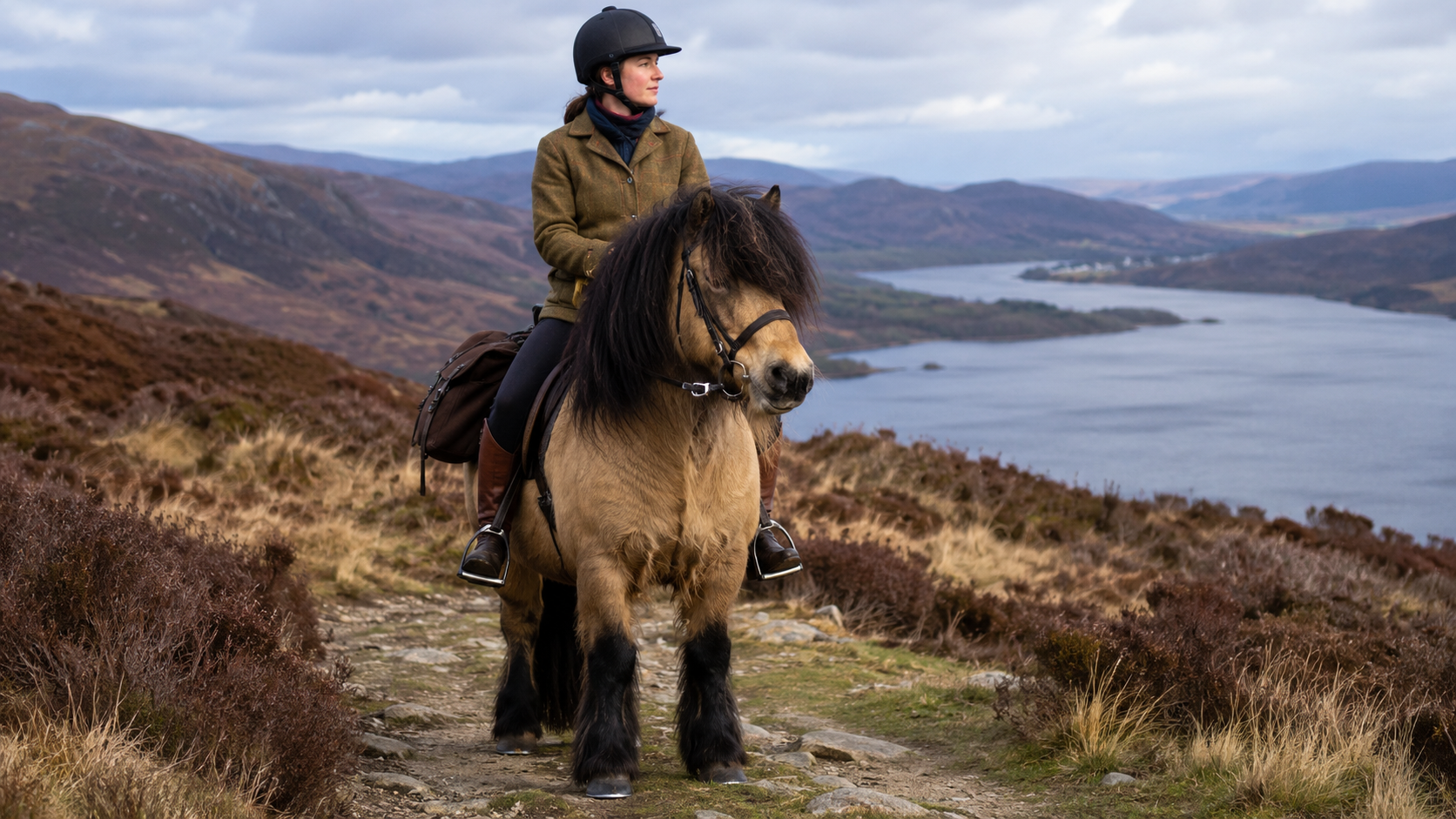 Cavalière en randonnée sur un poney Highland isabelle au-dessus d'un loch écossais