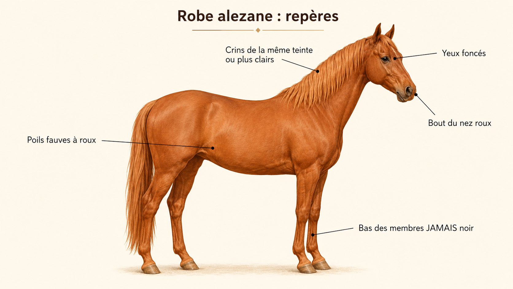 Schéma légendé des repères de la robe alezane chez le cheval