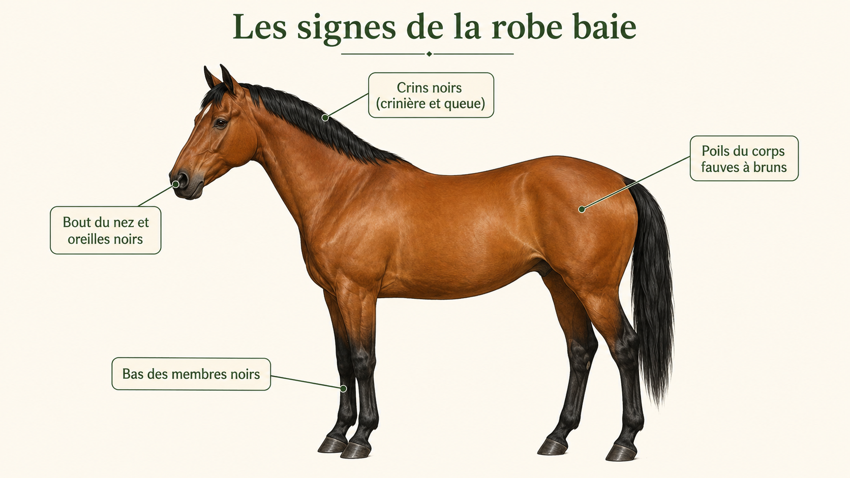 Schéma légendé des signes de la robe baie chez le cheval