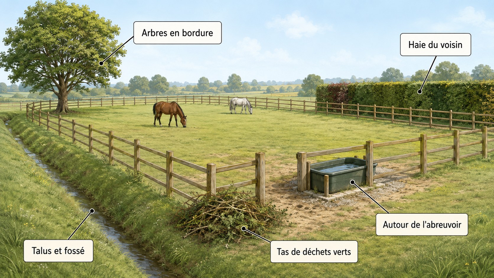 Schéma légendé d'une pâture pour chevaux avec les cinq zones à risque de plantes toxiques : arbres en bordure, haie du voisin, talus et fossé, autour de l'abreuvoir, tas de déchets verts