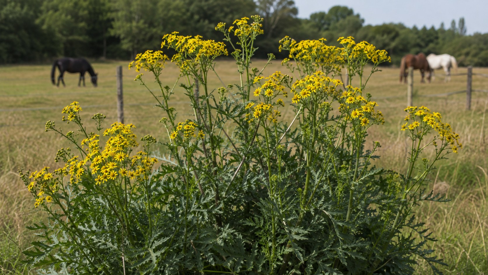 Massif de séneçon de Jacob en fleurs au milieu d'une prairie pâturée, bouquets de fleurs jaunes en corymbe et feuilles découpées