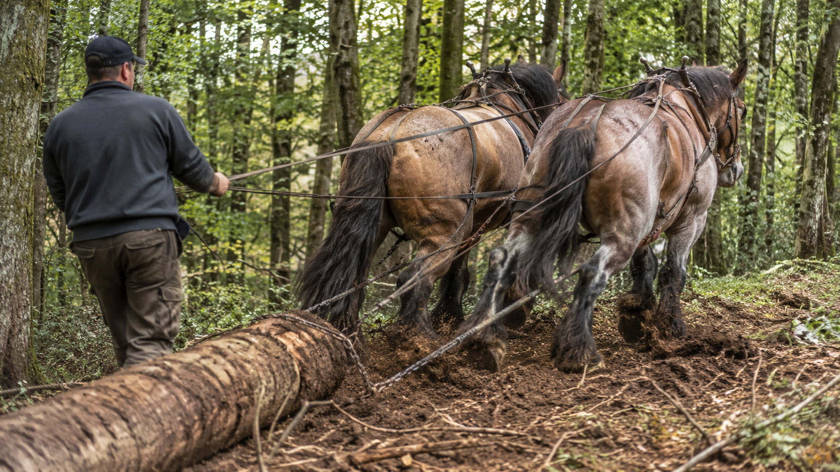 Paire de chevaux de trait belge bai rouan tirant un tronc en débardage forestier