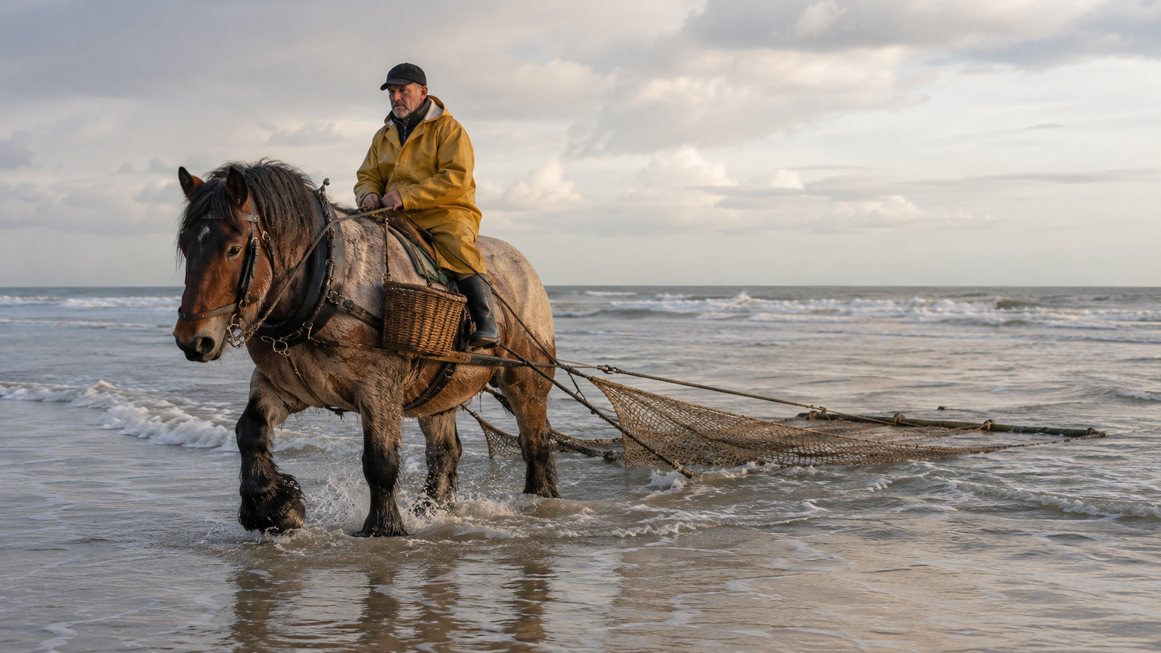 Cheval de trait belge tirant un filet à crevettes dans la mer à Oostduinkerke