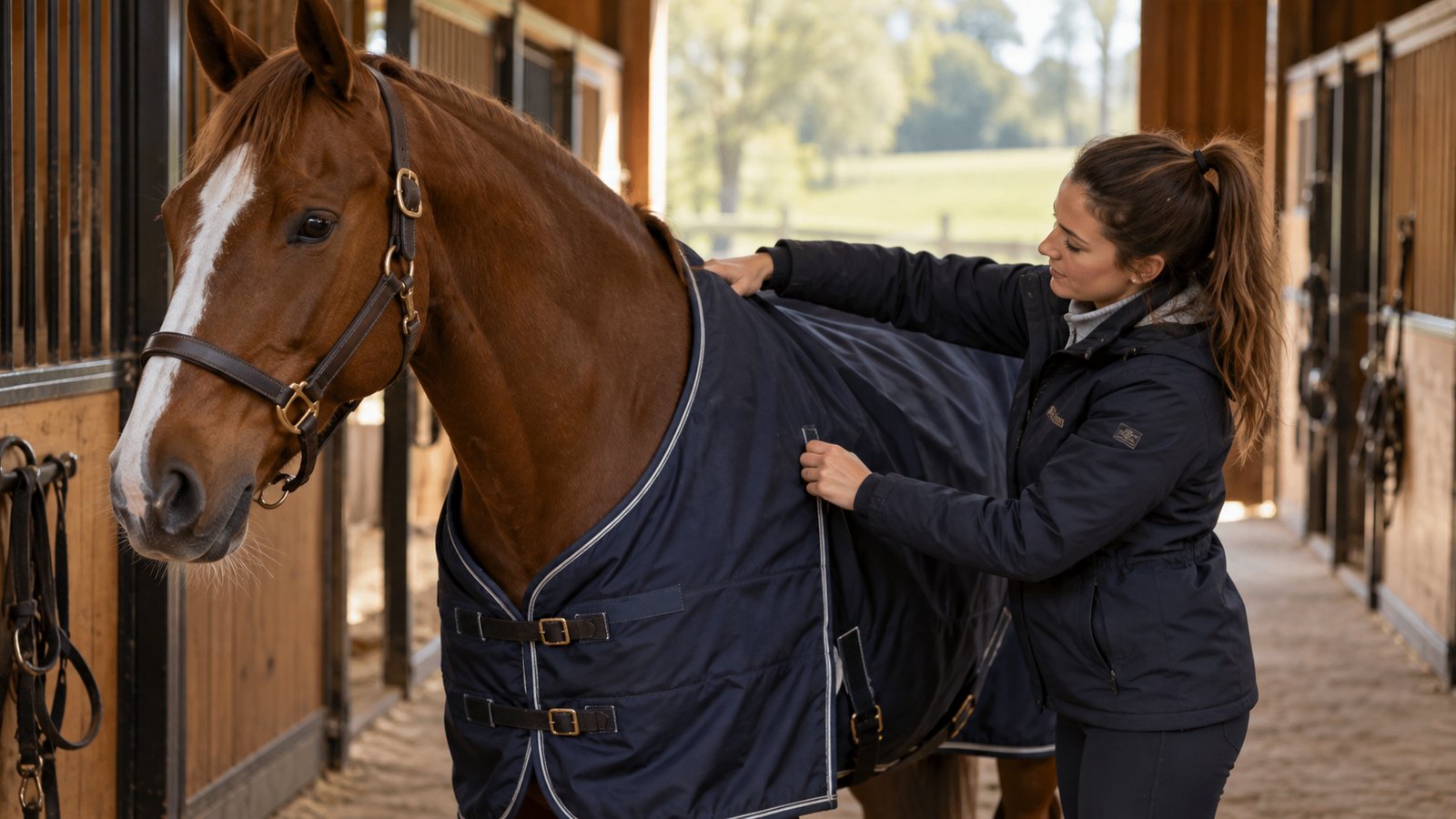 Cavalière ajustant une couverture d’extérieur sur un cheval alezan dans une allée d’écurie