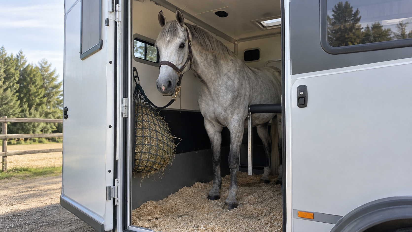 Cheval gris installé dans un van, filet à foin devant lui et litière de copeaux au sol