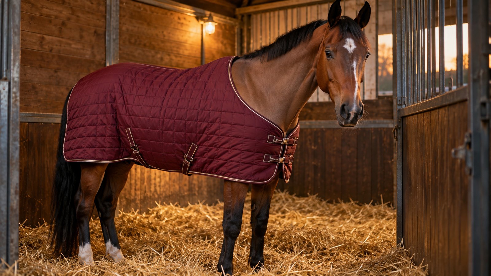 Cheval bai tondu portant une couverture d’écurie matelassée bordeaux dans son box