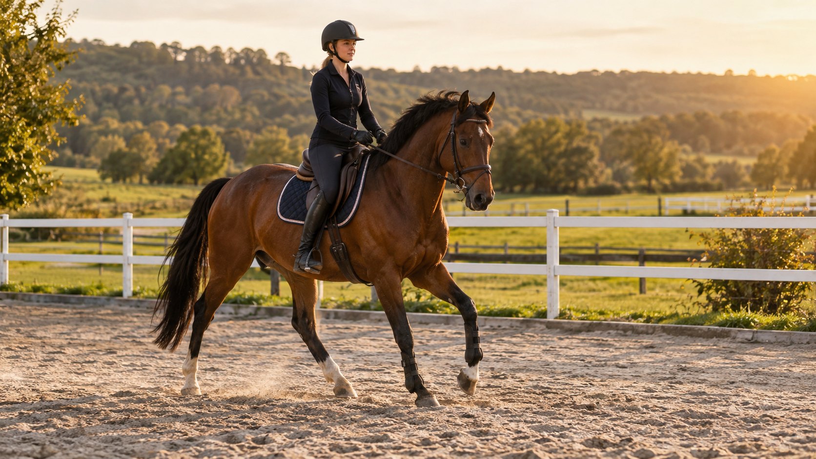 Cavalière au trot avec un cheval bai dans une carrière extérieure