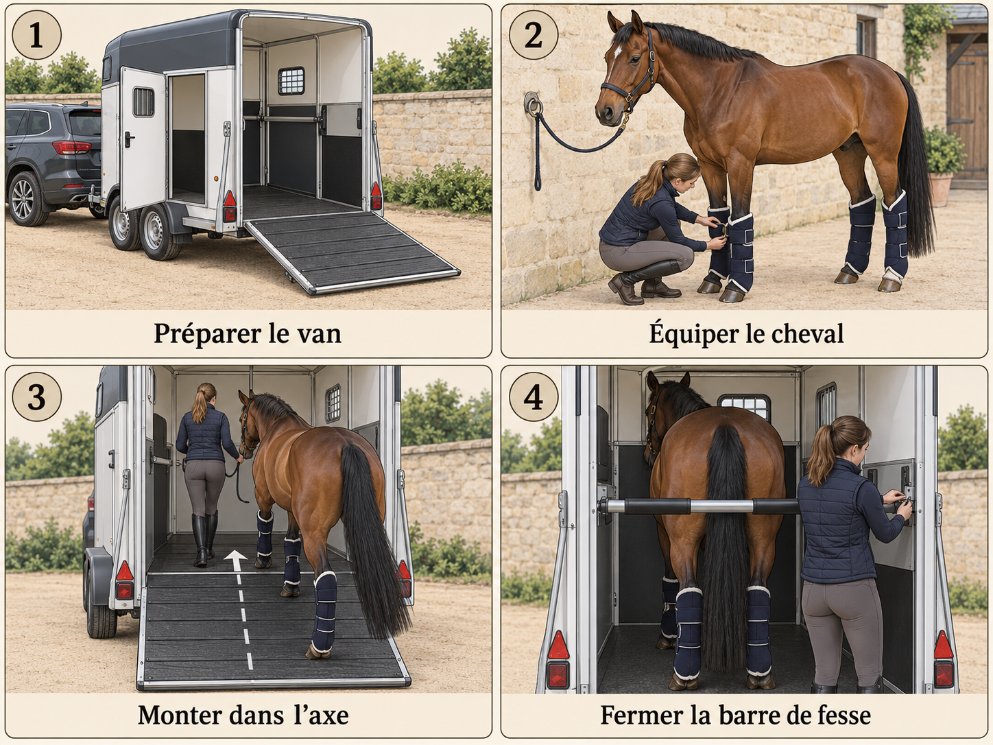 Planche en quatre étapes : préparer le van, équiper le cheval, monter dans l'axe, fermer la barre de fesse
