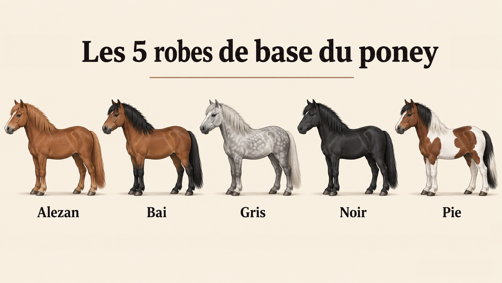Planche des cinq robes de base du poney : alezan, bai, gris, noir et pie