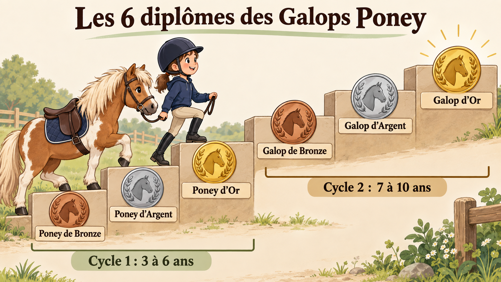 Schéma des six diplômes des Galops Poney, du Poney de Bronze au Galop d’Or
