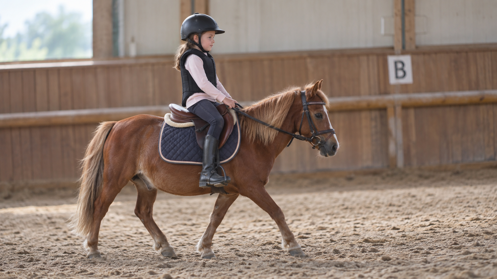 Une jeune cavalière dirige son poney alezan dans le manège