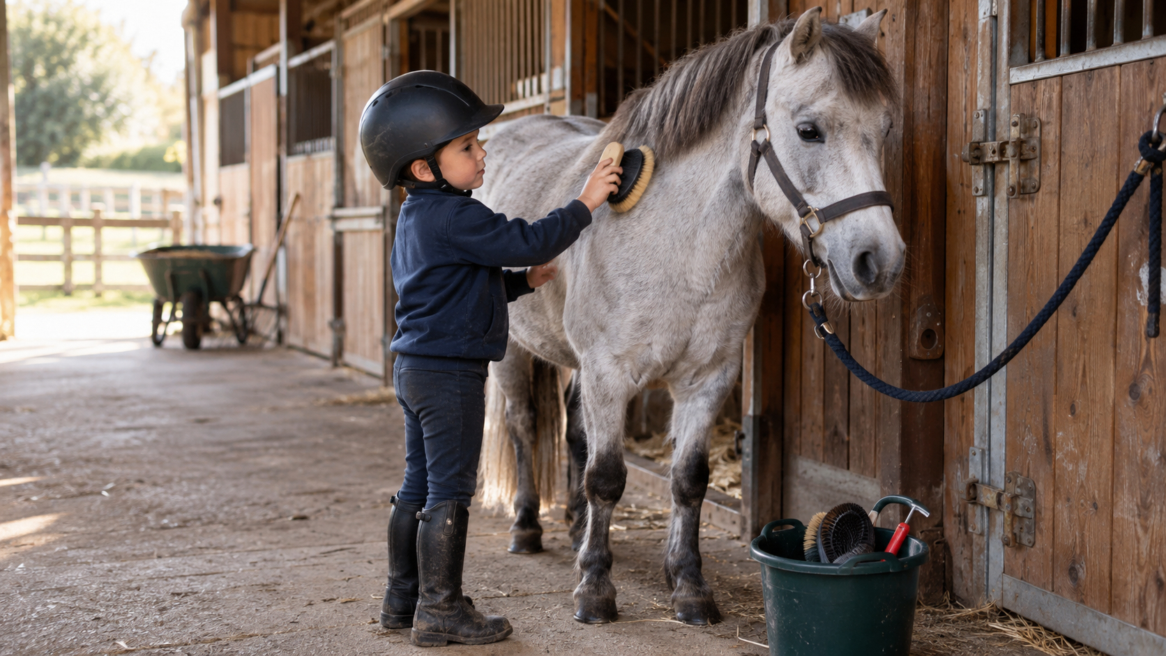 Un enfant brosse son poney gris devant les boxes d’un poney-club