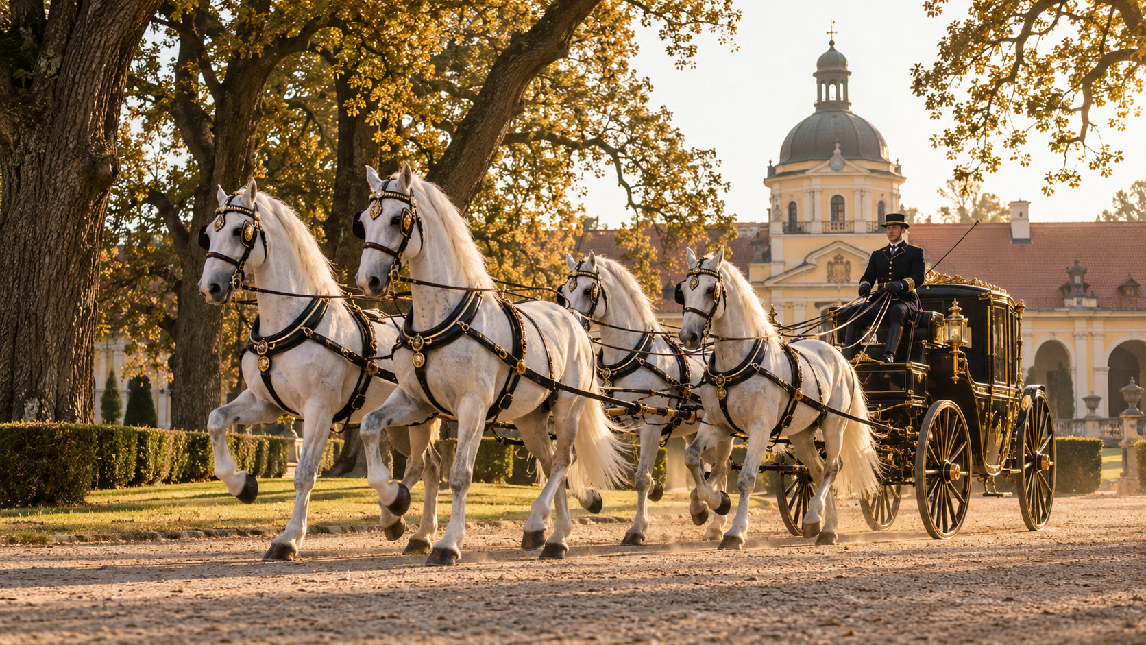 Attelage à quatre chevaux Kladruber gris en harnais de cérémonie devant un haras baroque