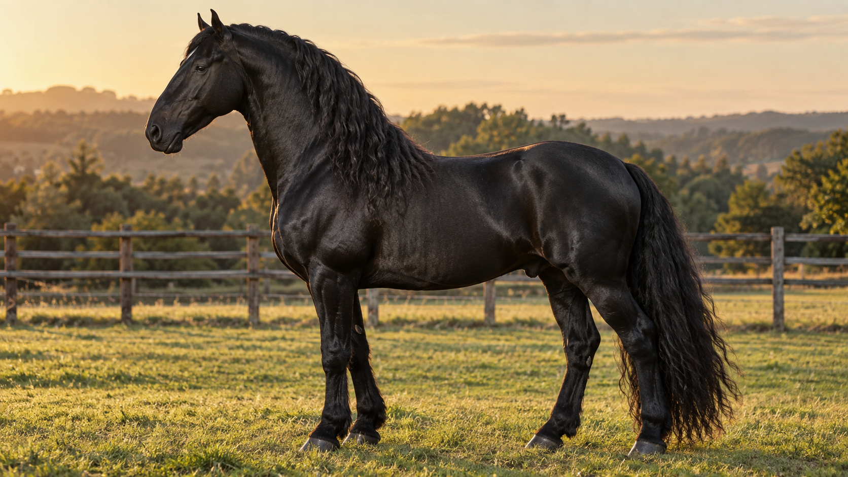 Cheval Kladruber noir de profil dans un paddock, encolure arquée et chanfrein convexe