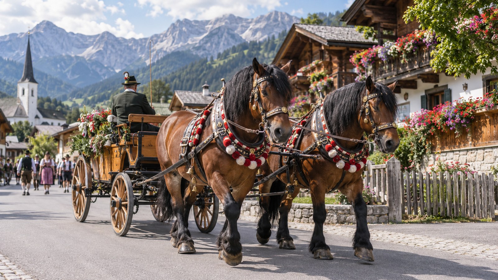 Paire de chevaux de trait Noriker attelée à une calèche lors d'une fête traditionnelle dans un village alpin autrichien