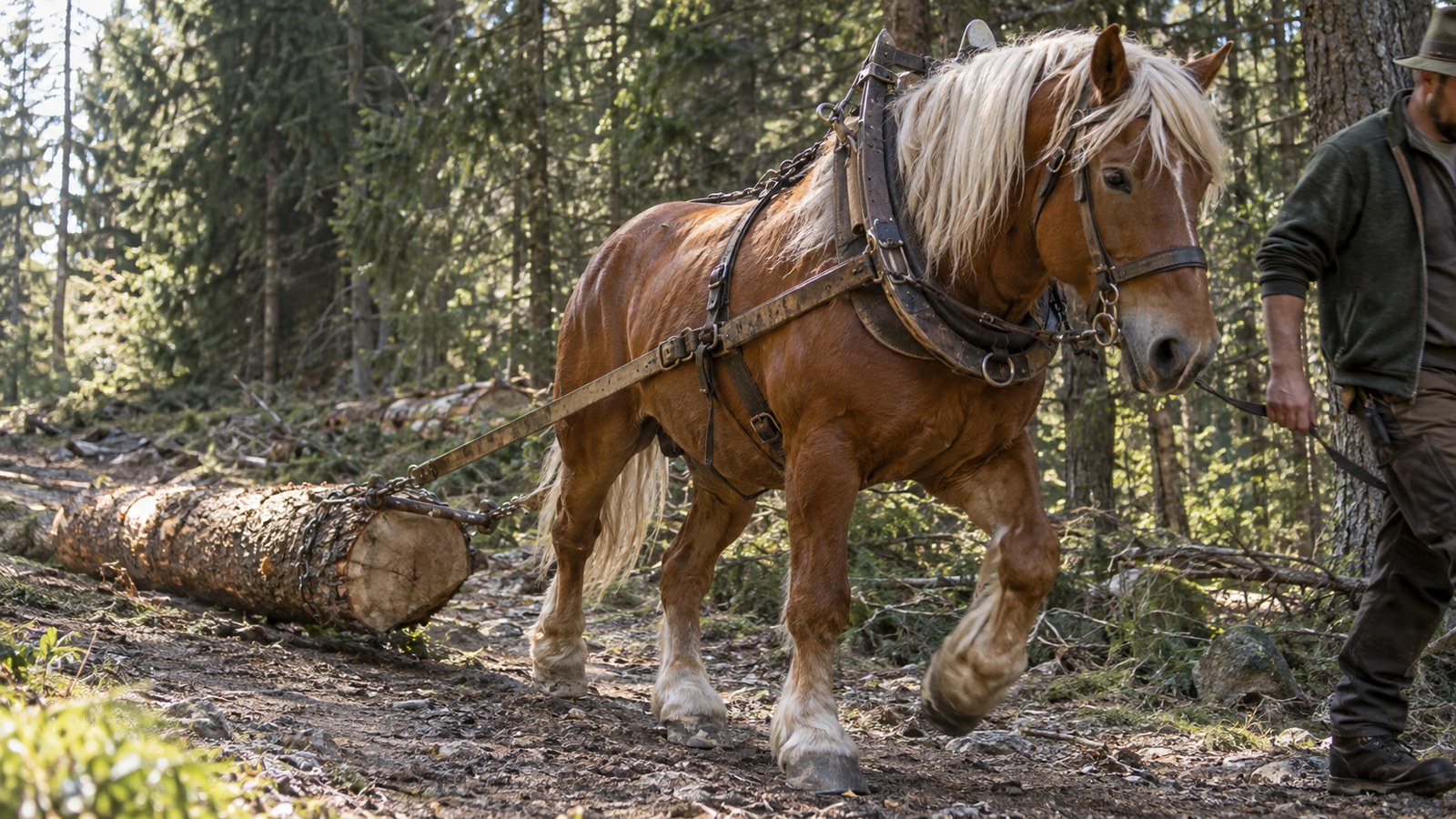 Cheval de trait Noriker alezan crins lavés tirant un tronc d'arbre sur un chemin forestier de montagne