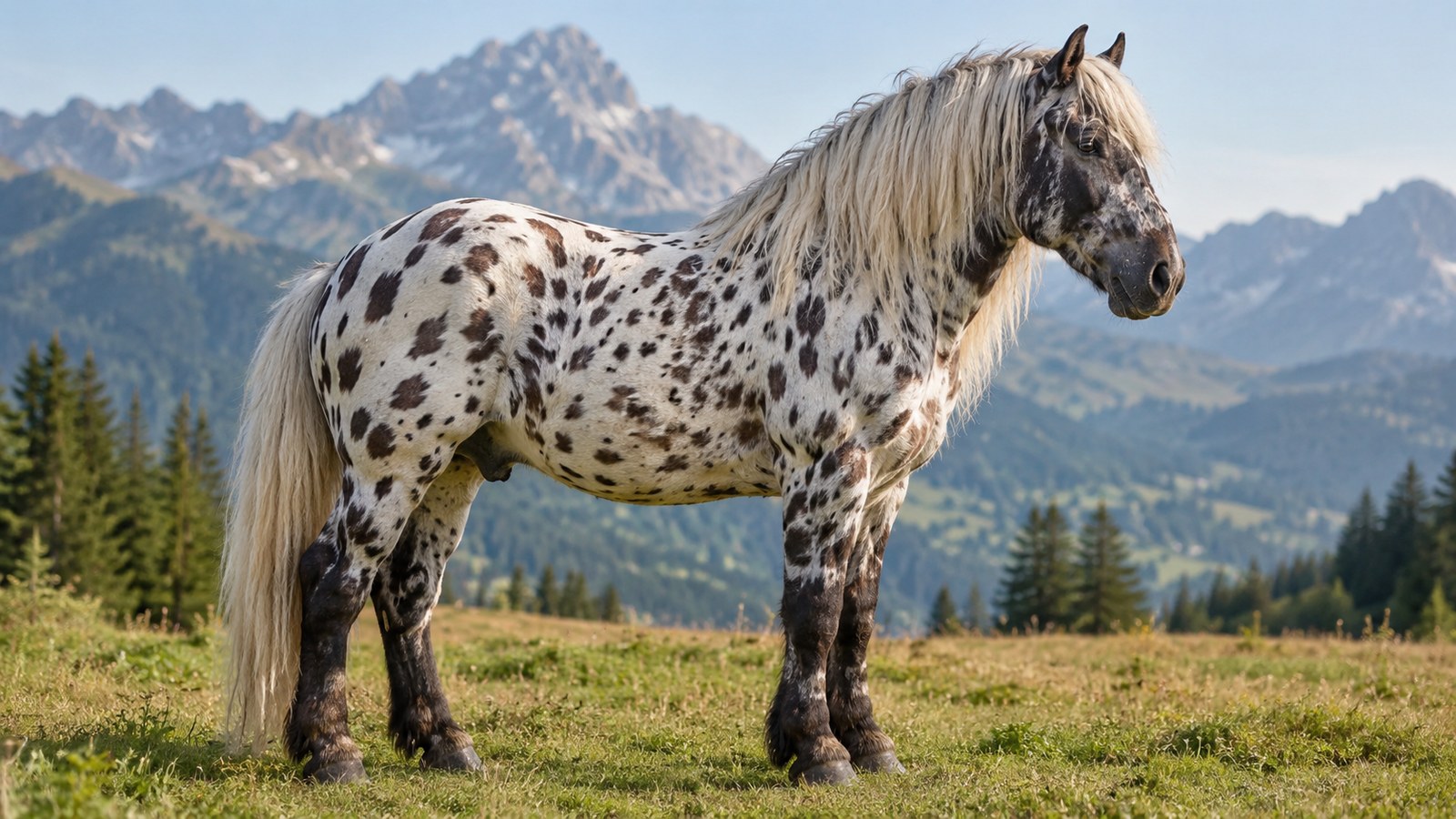 Cheval de trait Noriker à la robe tigrée léopard, tacheté de sombre sur fond clair, dans une prairie alpine