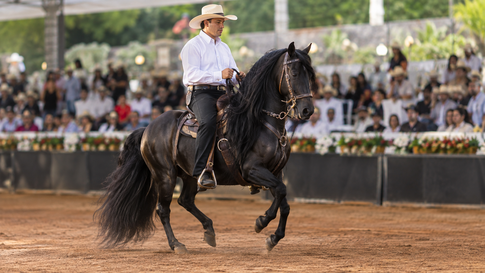 Paso Fino noir très rassemblé exécutant le classic fino en concours, monté par un cavalier en chapeau de paille