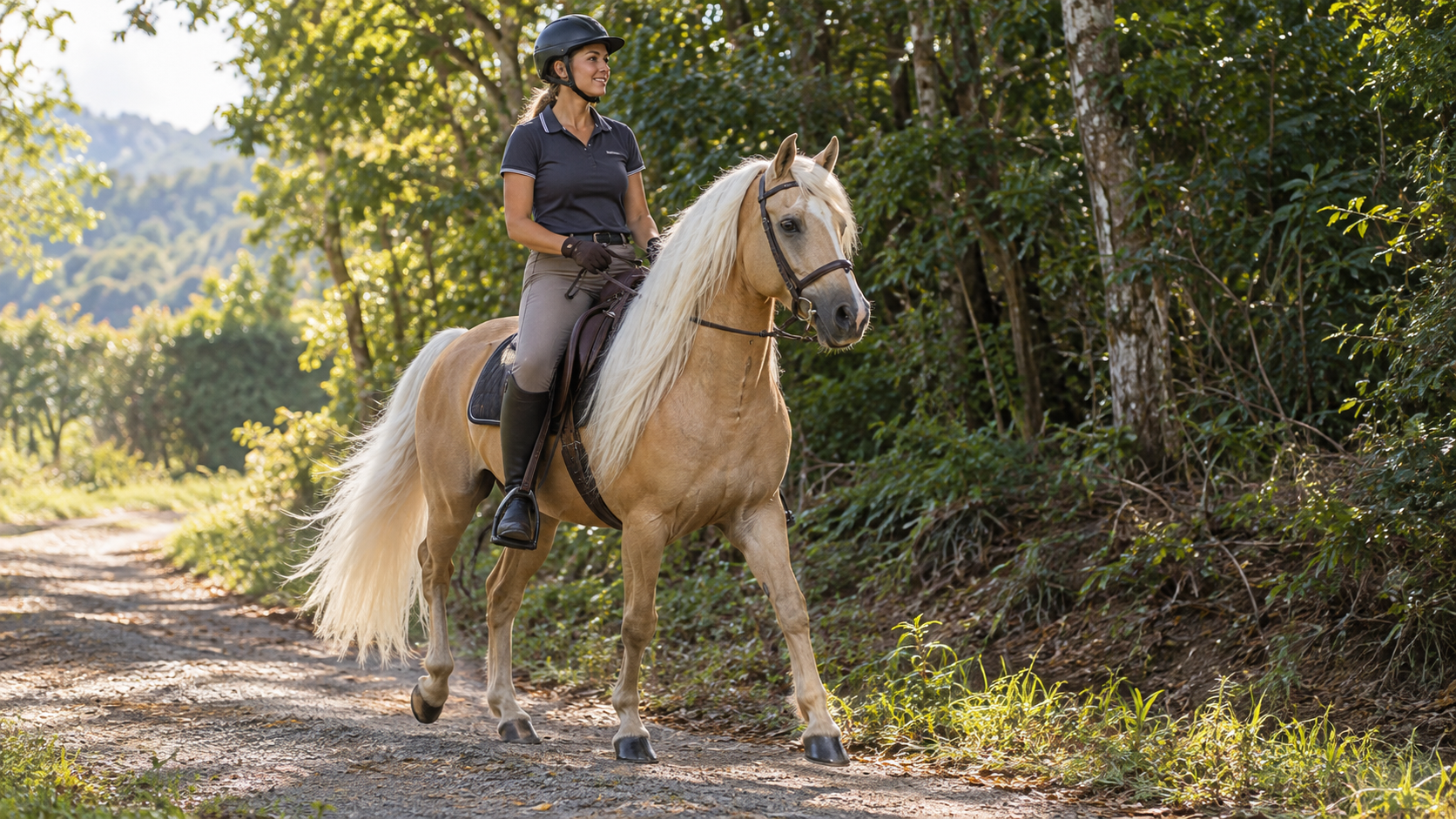 Paso Fino palomino à la crinière blanche en randonnée sur un chemin forestier avec sa cavalière