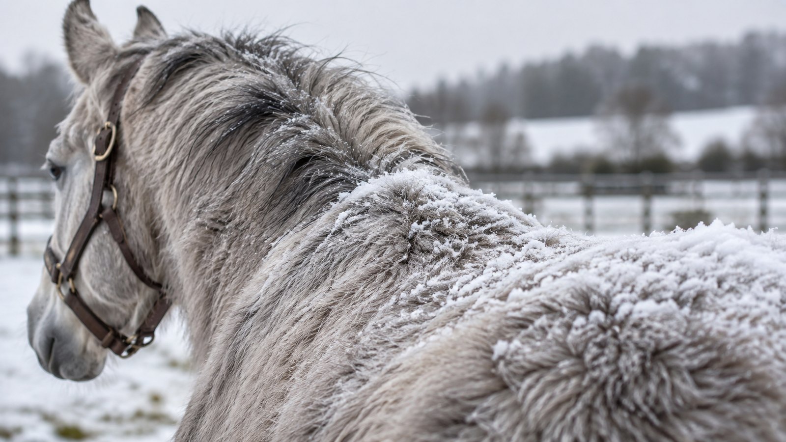 Poil d’hiver hérissé d’un cheval gris, couvert de givre et de neige qui ne fond pas