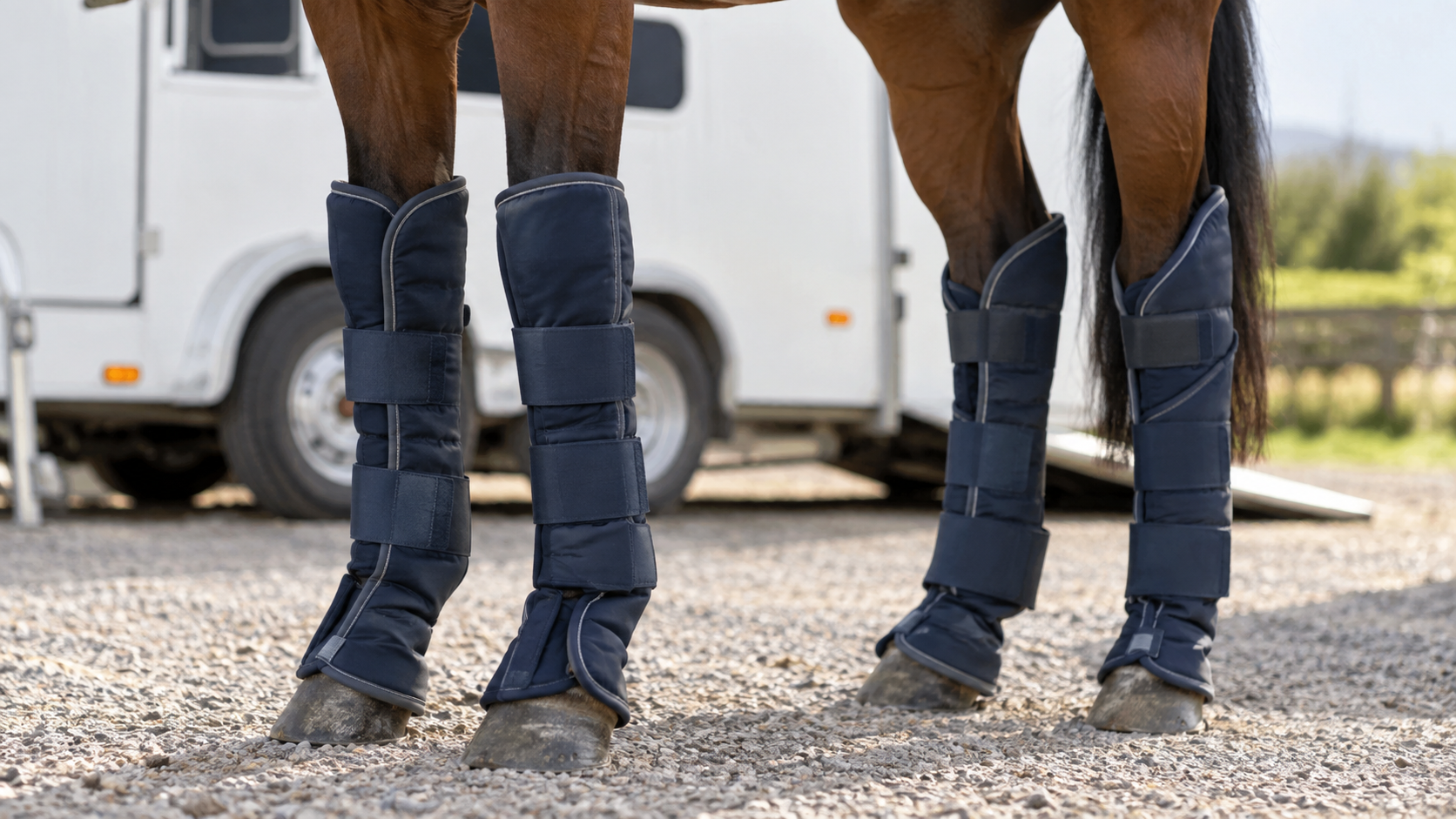 Protections de transport bleu marine sur les quatre membres d'un cheval bai devant un van