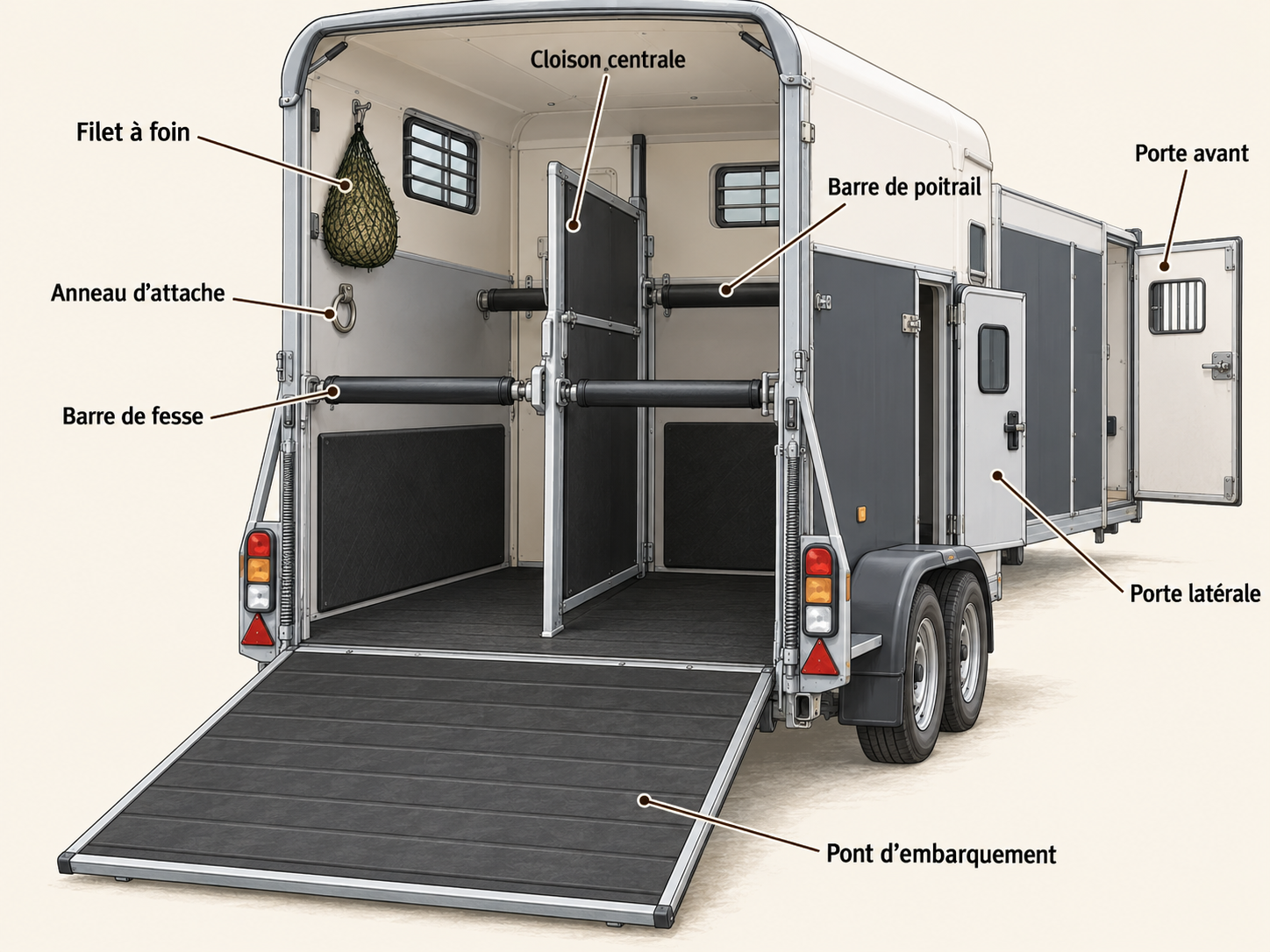 Schéma légendé d'un van pour chevaux : pont d'embarquement, barre de fesse, barre de poitrail, cloison centrale, anneau d'attache, filet à foin