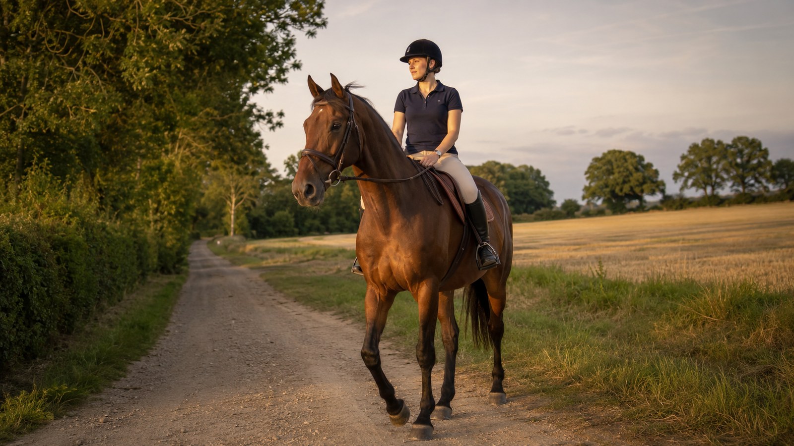 Trotteur américain réformé monté en randonnée par une cavalière sur un chemin de campagne