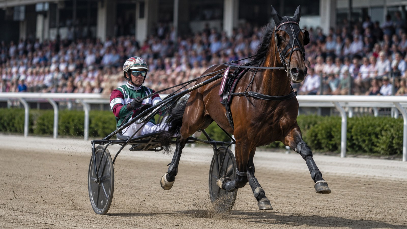 Trotteur américain bai attelé à un sulky au trot rapide sur un hippodrome