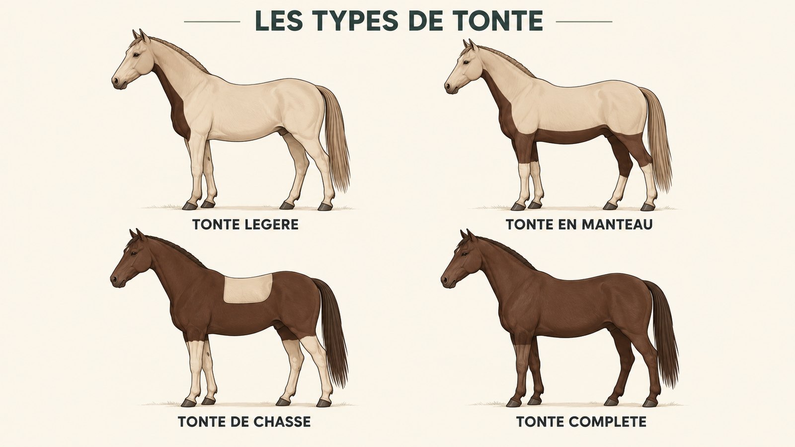 Schéma comparatif des principaux types de tonte du cheval, zones tondues en brun