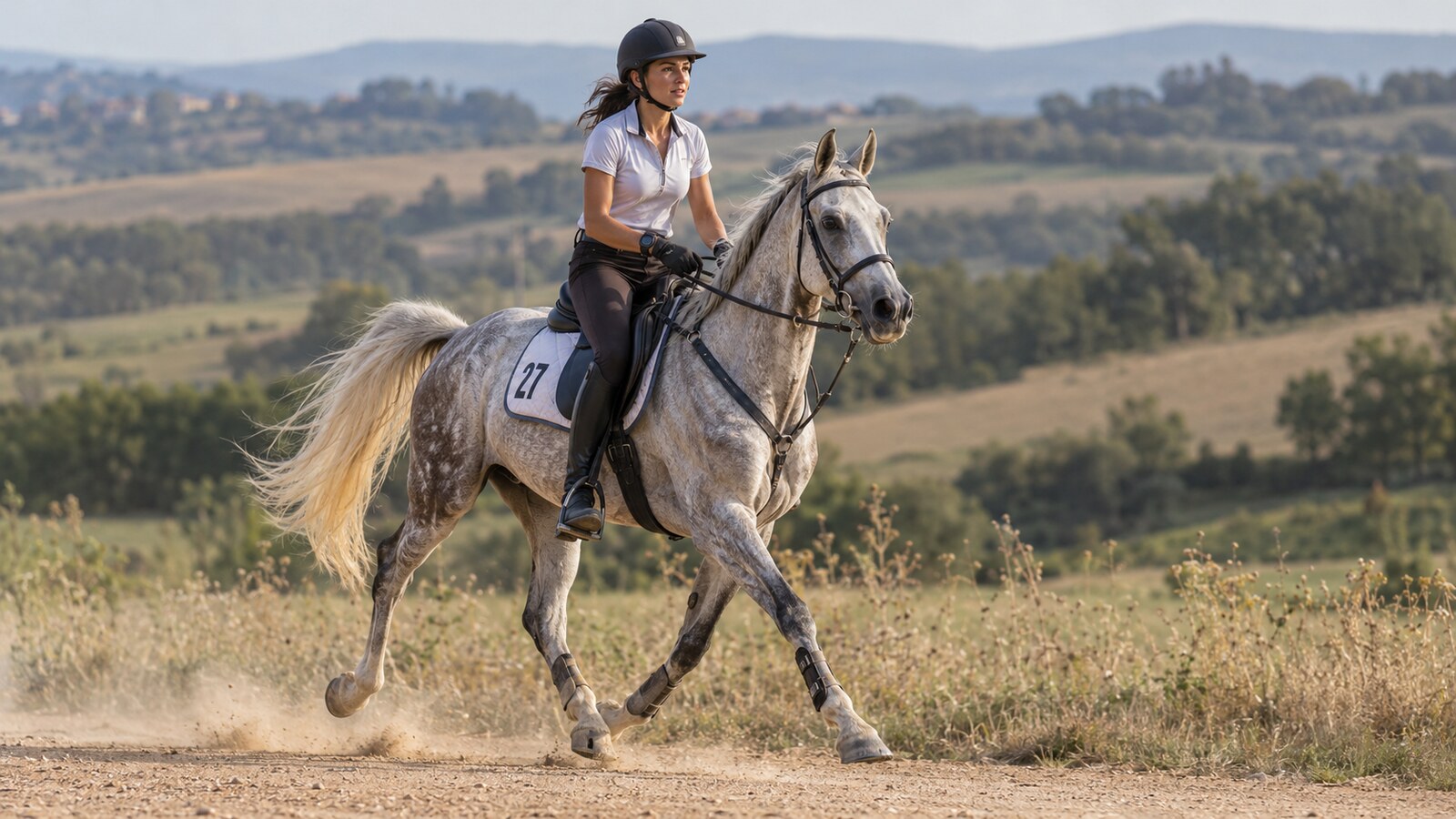 Cheval Arabe Shagya gris gris monté sur un chemin de terre en épreuve d'endurance