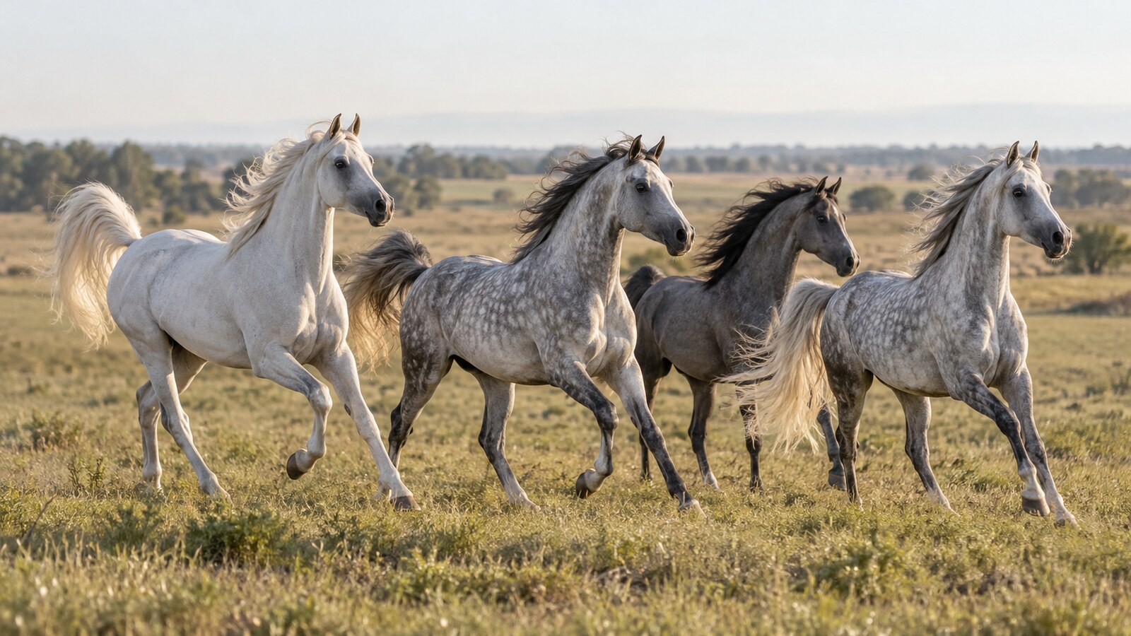 Groupe de chevaux Arabe Shagya gris en liberté dans une prairie de plaine