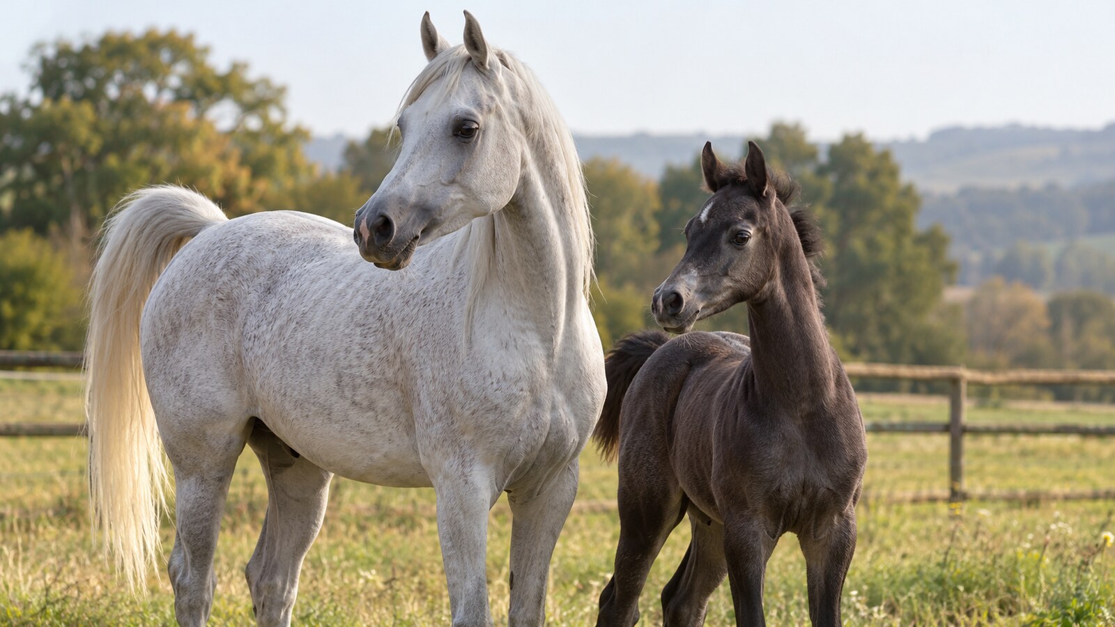 Jument Arabe Shagya gris clair et son poulain à la robe encore foncée