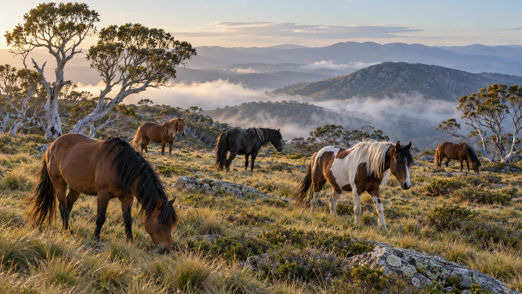 Petit troupeau de brumbies de robes variées dans une prairie d&rsquo;altitude des Alpes australiennes