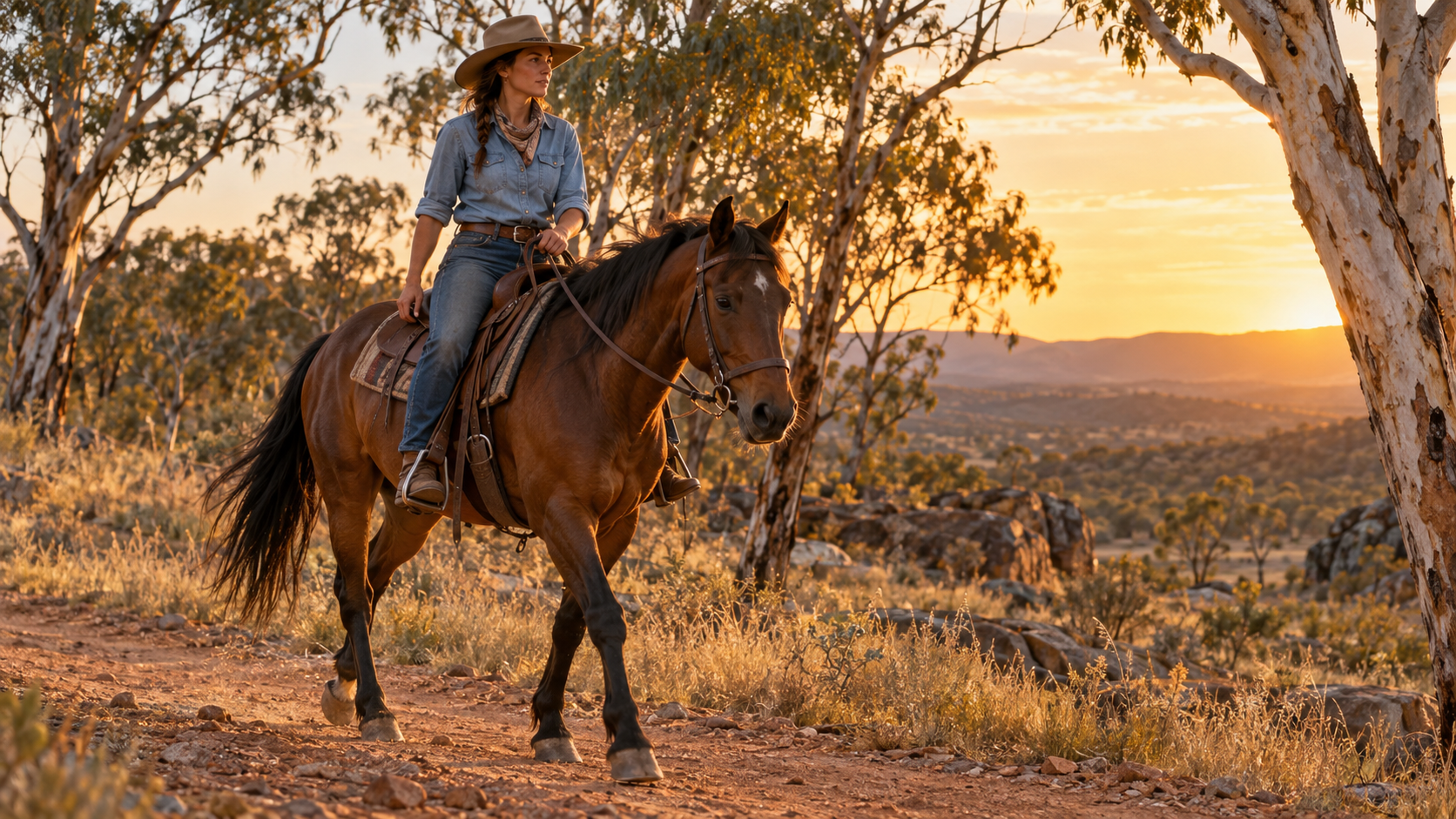 Brumby bai débourré monté au pas sur une piste du bush australien, selle de stock