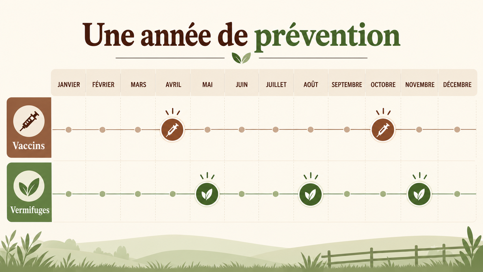 Calendrier annuel de prévention du cheval : vaccins au printemps et à l’automne, vermifuges en mai, août et novembre