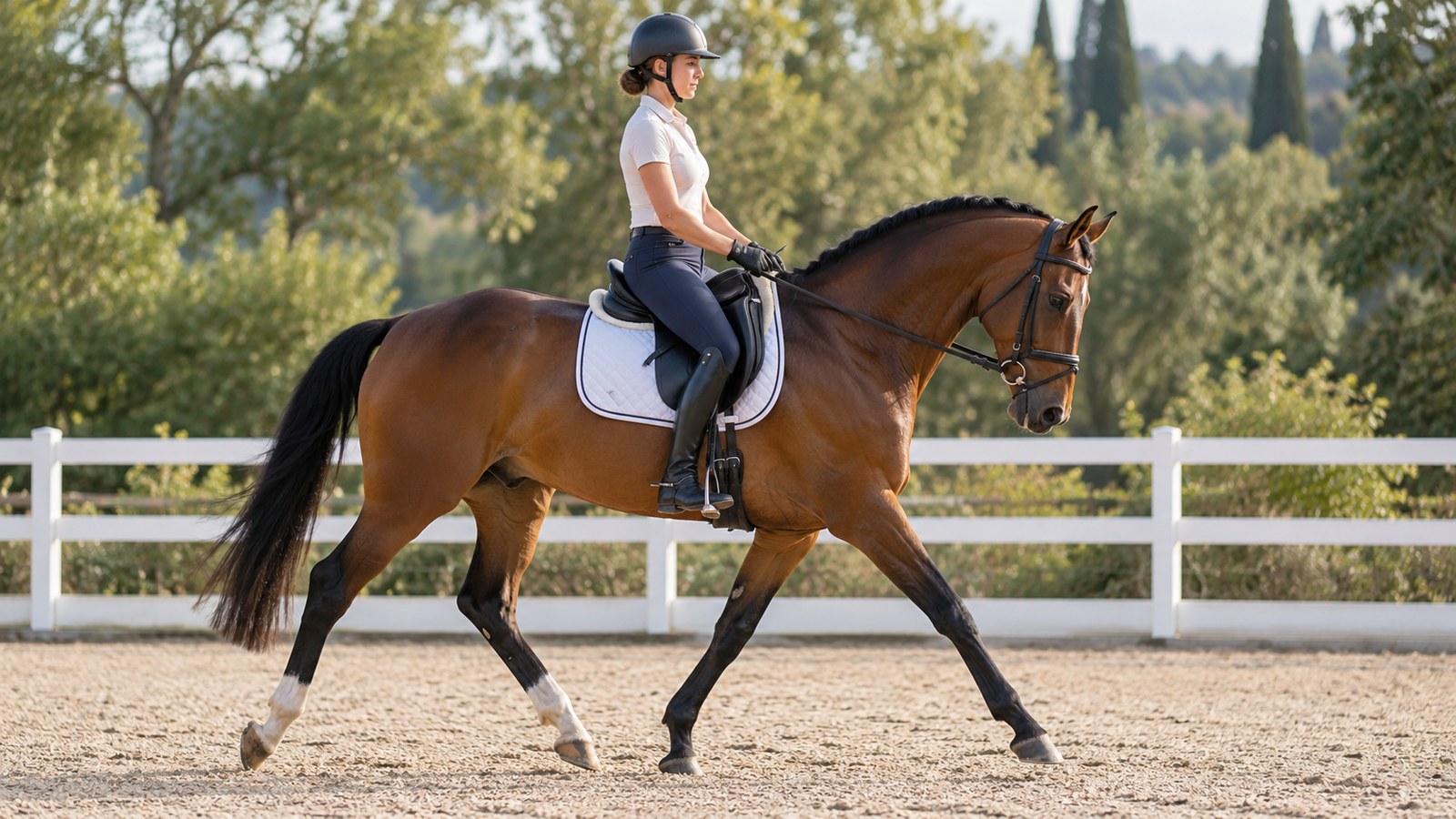 Cheval bai adulte au trot en carrière, monté par une cavalière casquée