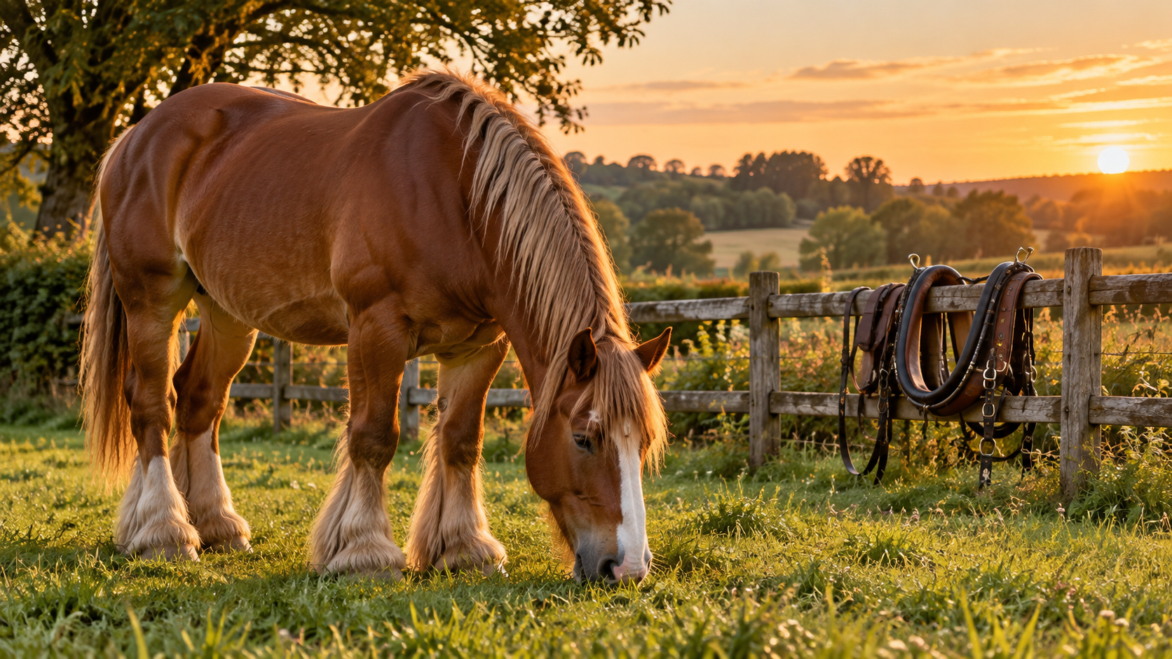 Cheval de trait au repos dans un pré après une étape en roulotte