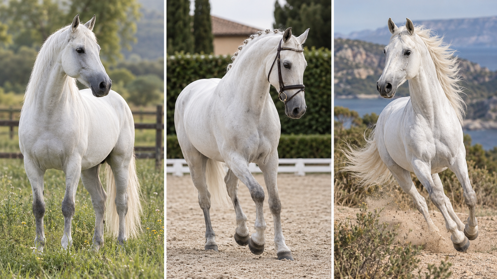Trois chevaux différents à la robe gris clair, au museau resté foncé
