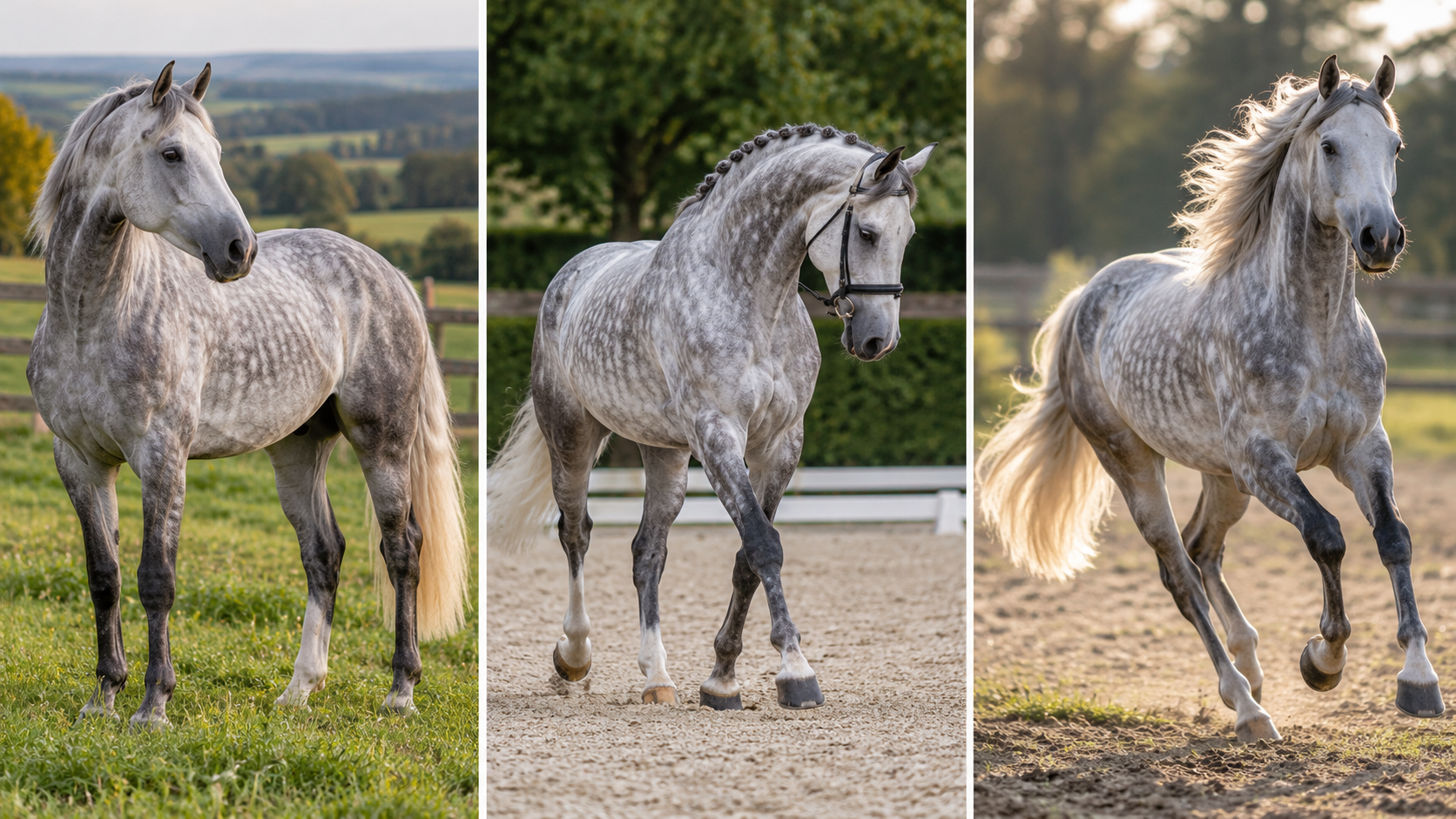 Trois chevaux différents à la robe gris pommelé