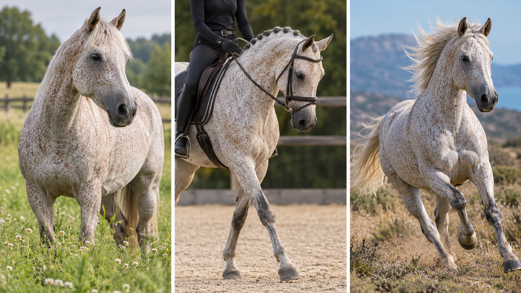 Trois chevaux différents à la robe gris truité, mouchetée de petits poils roux