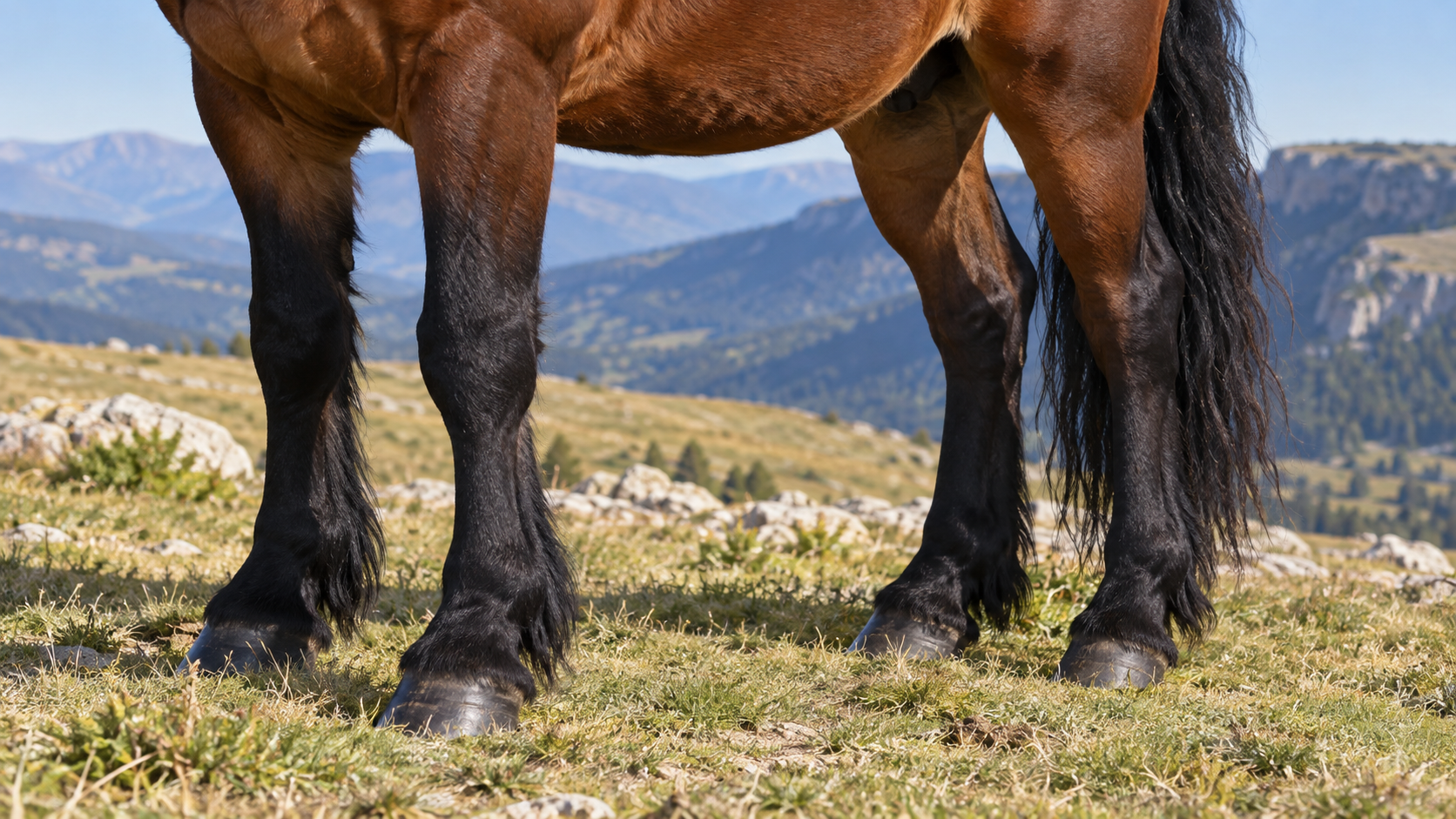 Membres noirs à fanons d'un cheval du Vercors de Barraquand, sans aucune balzane