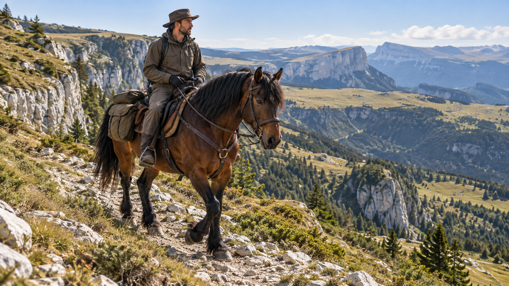 Cheval du Vercors de Barraquand en randonnée sur un sentier pierreux des hauts plateaux du Vercors