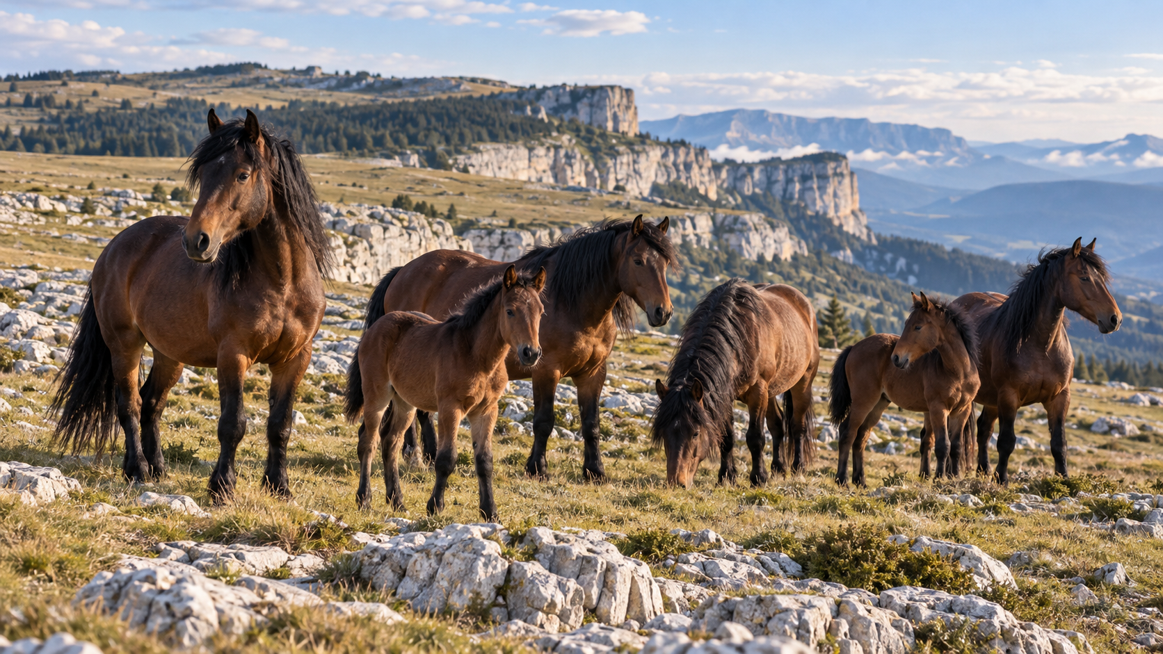 Troupeau de chevaux du Vercors de Barraquand à l'estive sur un plateau d'alpage