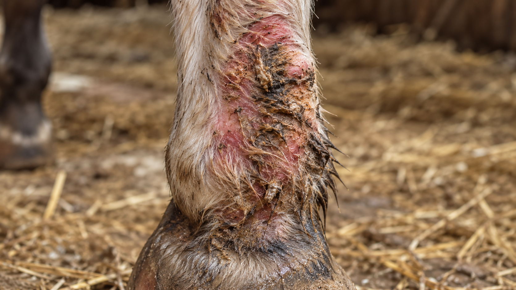 Paturon de cheval atteint de gale de boue, peau rouge et croûtes brunes agglutinant les poils