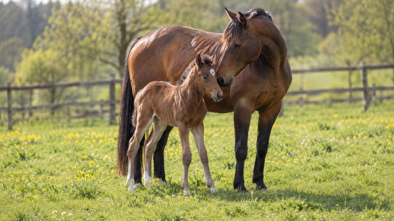 Jument baie et son poulain de deux mois dans un pré fleuri au printemps
