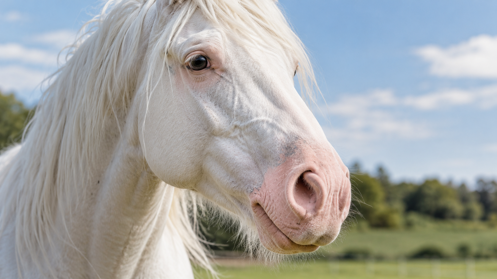 Gros plan du museau d'un cheval blanc : la peau est rose